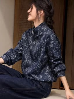 Women's Vintage Jacquard Denim Sweatshirt Half Zip Stand Collar Floral Print Coat Loose Fit Boho Chic Fall Winter Outerwear Top