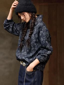 Women's Vintage Jacquard Denim Sweatshirt Half Zip Stand Collar Floral Print Coat Loose Fit Boho Chic Fall Winter Outerwear Top