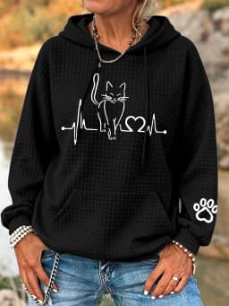 ilstile Women's Cat Print Hoodies Autumn Winter Long Sleeve Casual Outdoor Hooded Hoodies Sports Sweatshirts White