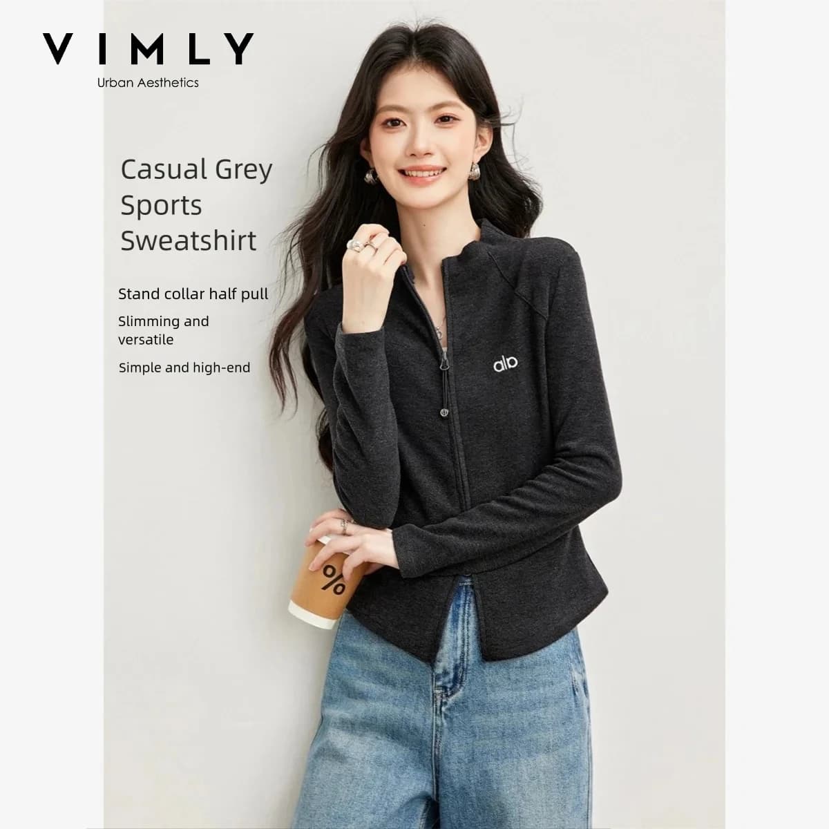 VIMLY Women's Casual Grey Sports Sweatshirt 2026 Autumn Stand Collar Zip Up Jacket Fashion Elegant Slim-fit Female Coat 31659