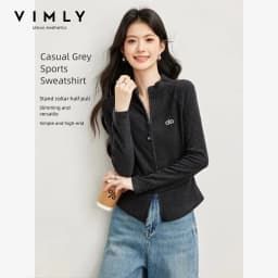 VIMLY Women's Casual Grey Sports Sweatshirt 2026 Autumn Stand Collar Zip Up Jacket Fashion Elegant Slim-fit Female Coat 31659