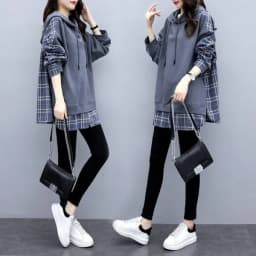 Retro American Style Hoodie Jacket Women's Spring Autumn Casual Patchwork Plaid Hooded Open Cardigan Top Loose Fit Long Sleeve