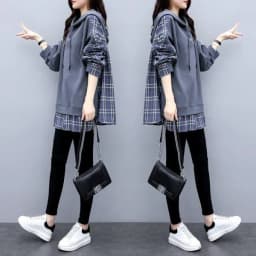 Retro American Style Hoodie Jacket Women's Spring Autumn Casual Patchwork Plaid Hooded Open Cardigan Top Loose Fit Long Sleeve