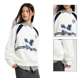 Metersbonwe Women's Letter Print Color Block Sweatshirt Raglan Sleeve Patchwork Hoodie Casual Fall Autumn Tops Vintage Preppy