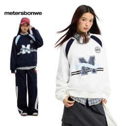 Metersbonwe Women's Letter Print Color Block Sweatshirt Raglan Sleeve Patchwork Hoodie Casual Fall Autumn Tops Vintage Preppy