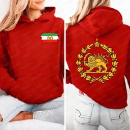 Lion and Sun Iran Hoodie Persian Flag Graphic Shirt Shir-o-Khorshid Emblem Top Iranian Heritage Shirt Patriotic Gifts Front Back