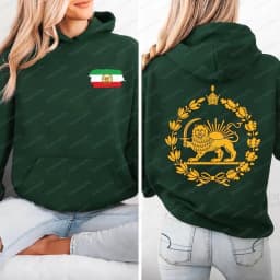 Lion and Sun Iran Hoodie Persian Flag Graphic Shirt Shir-o-Khorshid Emblem Top Iranian Heritage Shirt Patriotic Gifts Front Back