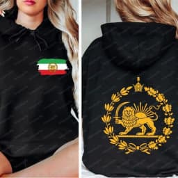 Lion and Sun Iran Hoodie Persian Flag Graphic Shirt Shir-o-Khorshid Emblem Top Iranian Heritage Shirt Patriotic Gifts Front Back