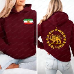 Lion and Sun Iran Hoodie Persian Flag Graphic Shirt Shir-o-Khorshid Emblem Top Iranian Heritage Shirt Patriotic Gifts Front Back