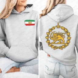 Lion and Sun Iran Hoodie Persian Flag Graphic Shirt Shir-o-Khorshid Emblem Top Iranian Heritage Shirt Patriotic Gifts Front Back