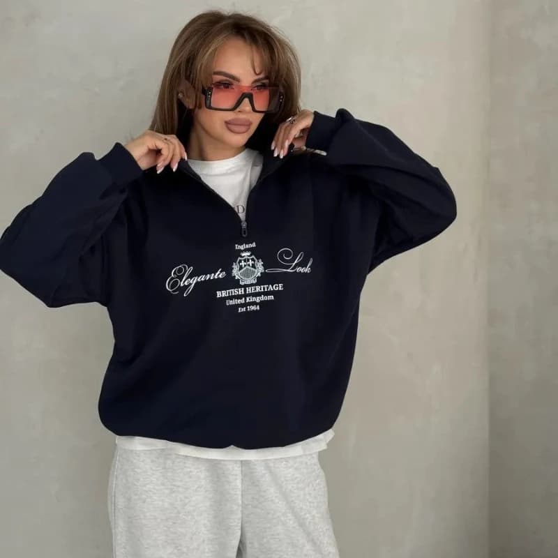 Vintage British Style Lapel Shirts Zipper Turn-down Collar Sweatshirt Loose Leisure Autumn Elegant Women Large Size Streetwear