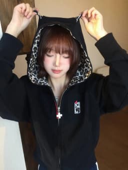 Retro American Early Autumn Women's Loose Hoodie Devilish Leopard Print Zipper Open Cardigan Jacket Casual Comfortable Style