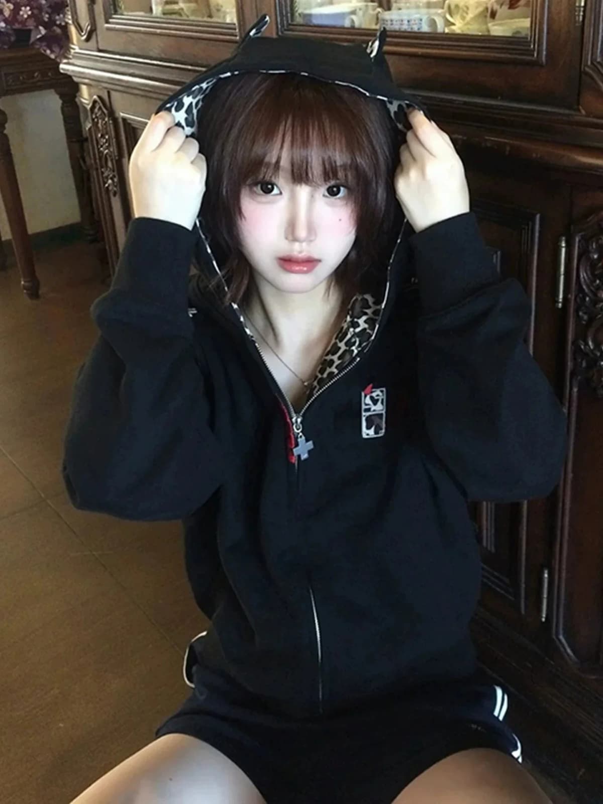 Retro American Early Autumn Women's Loose Hoodie Devilish Leopard Print Zipper Open Cardigan Jacket Casual Comfortable Style