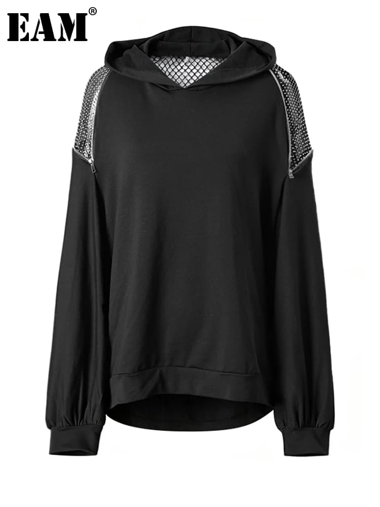 [EAM] Black Grid Hollow Out Big Size Casual Sweatshirt New Hooded Long Sleeve Women Fashion Tide Spring Autumn 2026 CPG6782