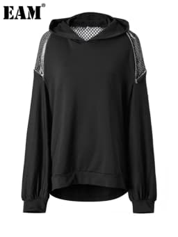 [EAM] Black Grid Hollow Out Big Size Casual Sweatshirt New Hooded Long Sleeve Women Fashion Tide Spring Autumn 2026 CPG6782