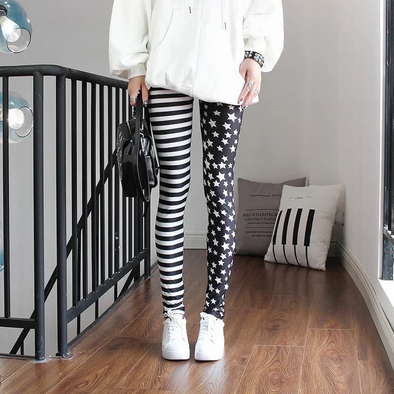 New Jeggings Elastic Stripe Star Print Leggings Fashion Cropped Trousers Woman leggins Pencil Pants L1071