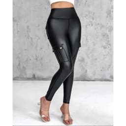 Sexy Cargo Pockets Faux Leather Leggings for Women Shaping High Waist Slimming Exercise Pants Running Yoga Sports Christmas Gift