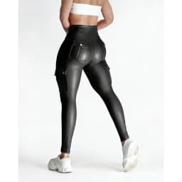 Sexy Cargo Pockets Faux Leather Leggings for Women Shaping High Waist Slimming Exercise Pants Running Yoga Sports Christmas Gift