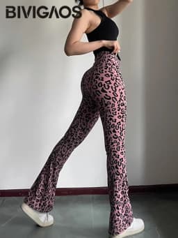 BIVIGAOS Spring Summer Leopard Print Flared Leggings Women Sharkskin High Waist Tight Sport Pilates Sexy Fitness Horseshoe Pants