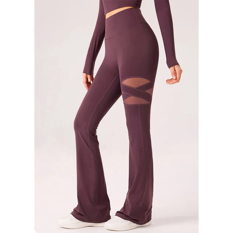 Gym Workout Flare Pants Women Mesh Hollow Out Yoga Pilates Butt Lifting Leggings Fashion High Waist Slim Design Sports Trousers