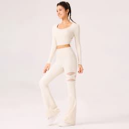 Gym Workout Flare Pants Women Mesh Hollow Out Yoga Pilates Butt Lifting Leggings Fashion High Waist Slim Design Sports Trousers