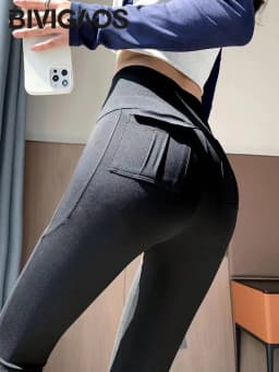 BIVIGAOS Spring Summer New Pocket Sharkskin Cargo Leggings Women High Waist Tight-Fit Elastic Sexy Fitness Sport Leggings