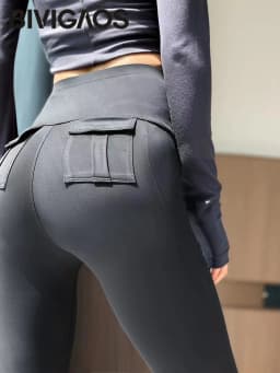 BIVIGAOS Spring Summer New Pocket Sharkskin Cargo Leggings Women High Waist Tight-Fit Elastic Sexy Fitness Sport Leggings