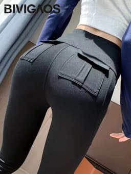 BIVIGAOS Spring Summer New Pocket Sharkskin Cargo Leggings Women High Waist Tight-Fit Elastic Sexy Fitness Sport Leggings