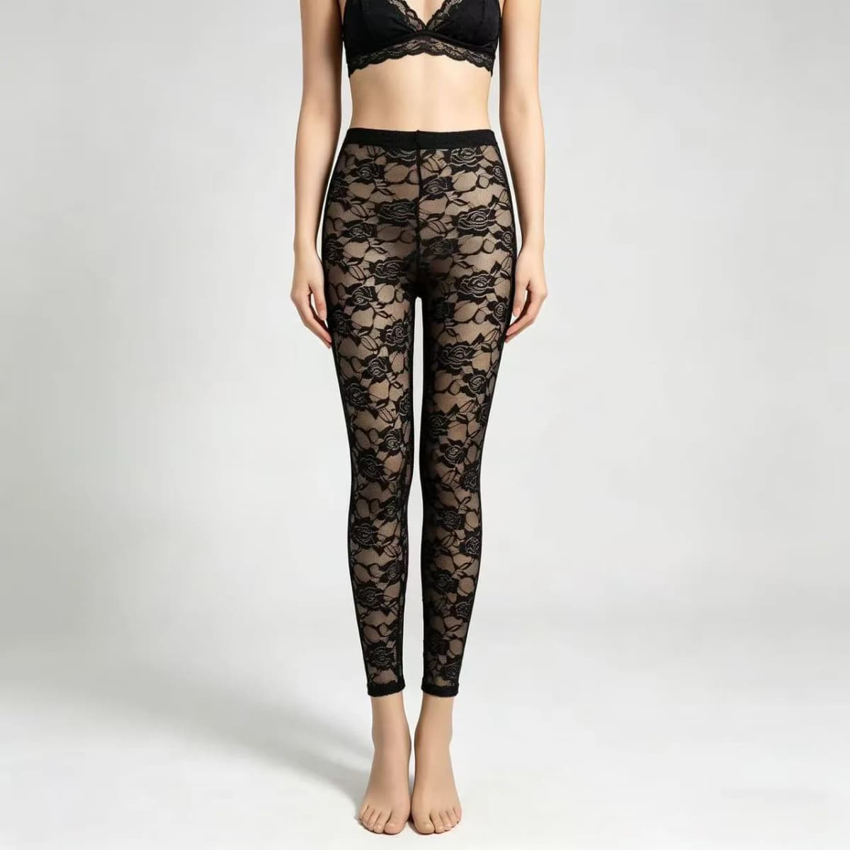 Summer Women Rose Floral Embroidery Full Ankle Length Leggins Hollow Out Lace High Waist Skinny Long Leggings Plus Size One Size