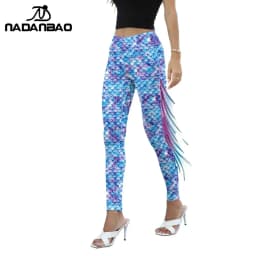 NADANBAO Women Mermaid Printed Leggings for Women Fish Scale 3D Pattern Pants Mid Waist Fashion Trousers Summer Streetwear