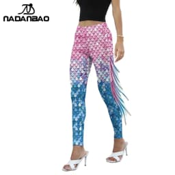 NADANBAO Women Mermaid Printed Leggings for Women Fish Scale 3D Pattern Pants Mid Waist Fashion Trousers Summer Streetwear