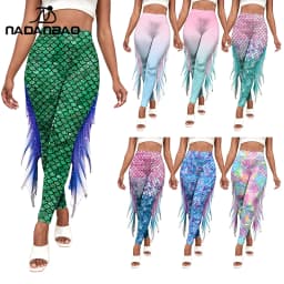 NADANBAO Women Mermaid Printed Leggings for Women Fish Scale 3D Pattern Pants Mid Waist Fashion Trousers Summer Streetwear