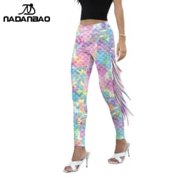 NADANBAO Women Mermaid Printed Leggings for Women Fish Scale 3D Pattern Pants Mid Waist Fashion Trousers Summer Streetwear
