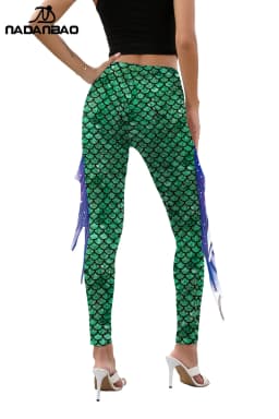 NADANBAO Women Mermaid Printed Leggings for Women Fish Scale 3D Pattern Pants Mid Waist Fashion Trousers Summer Streetwear
