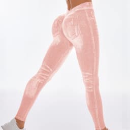 Women V Back Gym Leggings Faux Denim Jeans Athletic Workout Leggins Elastic Seamless Training Yoga Pants Sports Fitness Tights