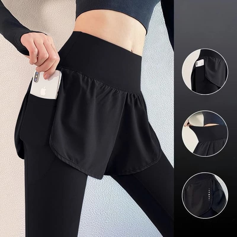 Women's Fall Two-in-One Leggings - High Waist Running Yoga Pants with Slimming Skirted Hem, 4-Way Stretch From Studio to Street