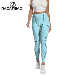 Nadanbao Sally Jack Halloween Leggings Women Movie Cosplay Pants Patchwork Pattern Party Trousers Casual Sexy Skinny Tights
