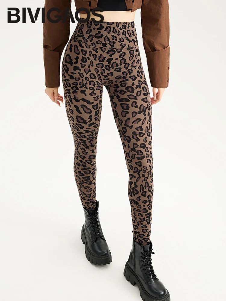BIVIGAOS Spring Autumn Leopard Sharkskin Leggings Women High Waist Elastic Tight Sexy Yoga Leggings Slim Sports Fitness Leggings