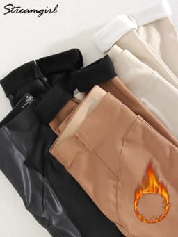 Winter Thin Fleece Pu Leather Leggings For Women High Waist Stretch Basic Faux Leather Pants Velvet Black PU Warm Legging Women