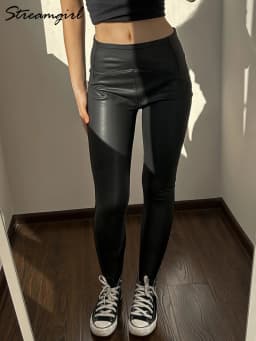 Winter Thin Fleece Pu Leather Leggings For Women High Waist Stretch Basic Faux Leather Pants Velvet Black PU Warm Legging Women