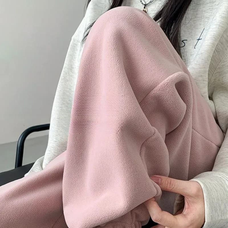 Pink Fleece Sports Pants for Women Autumn and Winter Thick Warm Cotton Pants Small Stature Ankle Binding Fleece Sanitary Pants