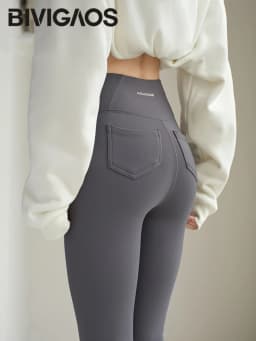 BIVIGAOS Fall Winter Fleece Warm Back Pocket Sharkskin Leggings Women High Waist Casual Thick Velvet Leggings Tight Brushed Pant