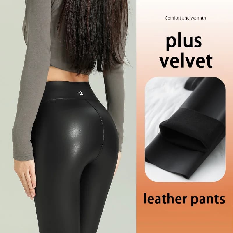 Plus Velvet Skinny Leather Leggings Stretch High Waist Leather Pants Elastic Trousers Women Black Sexy Keep Thermal Pants