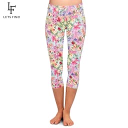 LETSFIND Summer Hand Drawn Floral Print  High Waist Women Capri Legging New Fitness Sexy Stretch Slim Mid-Calf 3/4 Leggings