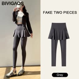 BIVIGAOS Spring New Fake Two Pieces Sharkskin Leggings Skirt Pants Women's Tight-Fitting Yoga Pantskirt Sport Fitness Leggings