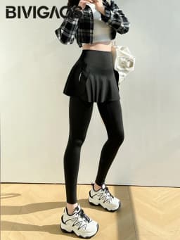 BIVIGAOS Spring New Fake Two Pieces Sharkskin Leggings Skirt Pants Women's Tight-Fitting Yoga Pantskirt Sport Fitness Leggings