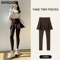 BIVIGAOS Spring New Fake Two Pieces Sharkskin Leggings Skirt Pants Women's Tight-Fitting Yoga Pantskirt Sport Fitness Leggings