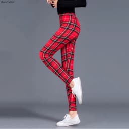 BornToGirl Sexy Tights Leggings Women Autumn Winter Slim High Waist Black Blue Red Brown Khaki Plaid Skinny Pants Leggings Pants