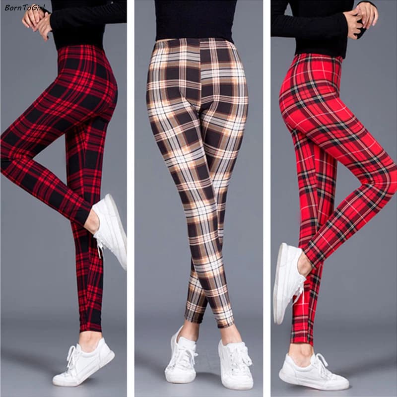 BornToGirl Sexy Tights Leggings Women Autumn Winter Slim High Waist Black Blue Red Brown Khaki Plaid Skinny Pants Leggings Pants
