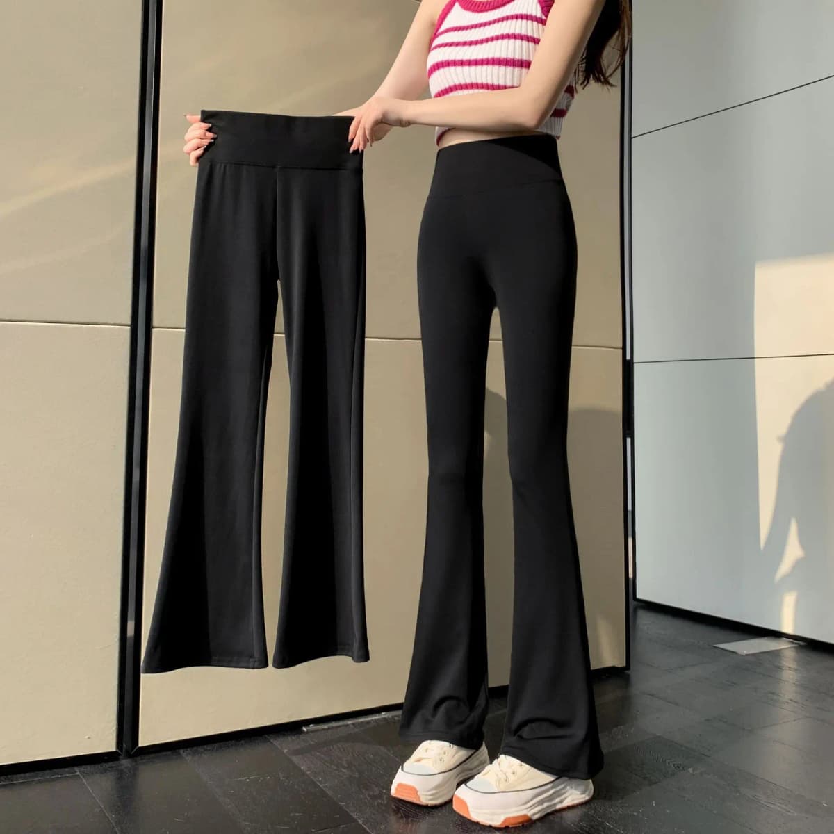 High Waist Slimming Yoga Pants Women's Spring Autumn Style Bell Bottom Sharkskin Pants Tummy Control Butt Lifting Base Layer